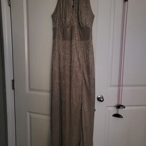 Metallic Taupe Halter Evening Dress - Elegant Sleeveless Gown